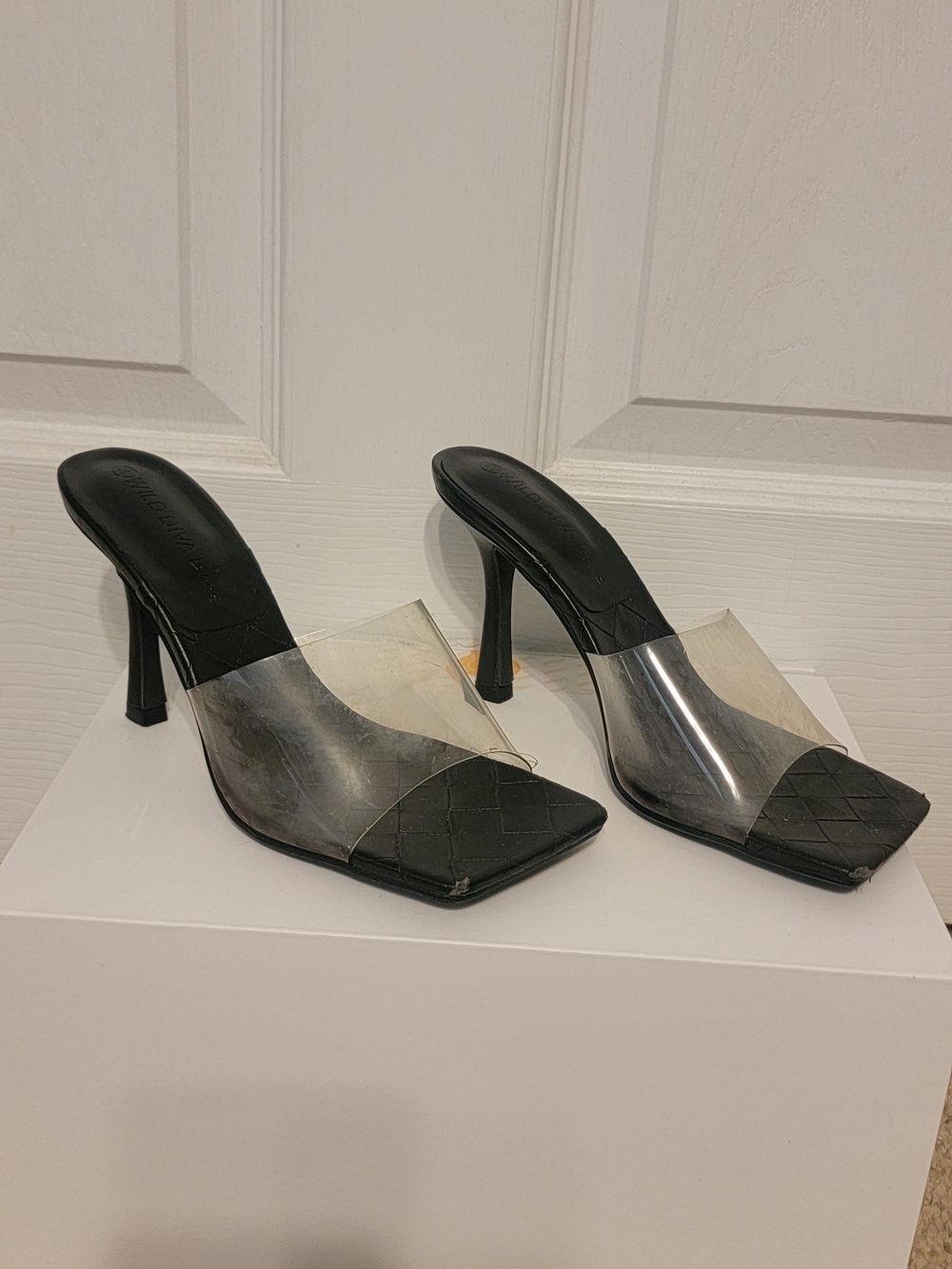 Clear Strap Black Heeled Mules for Women